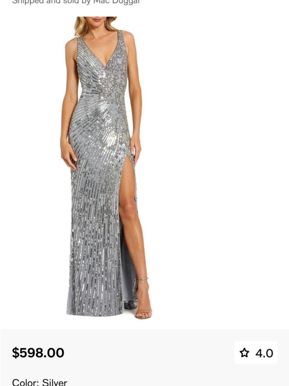 Mac Duggal Silver Sequin V-Neck Evening Gown with High Slit